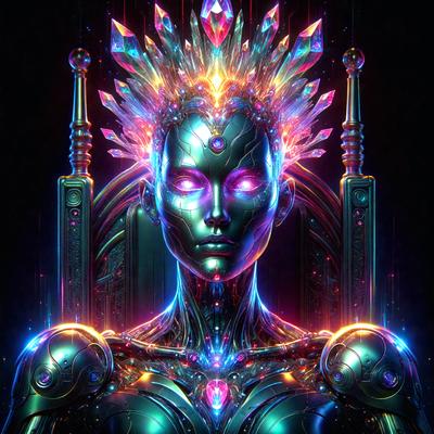 The primary subject of the image is a futuristic, colorful, and intricately designed robotic woman. The setting is a dark, colorful, and surreal environment, with a backdrop of a chair and a crystal-like structure. The visual style is a digital art or illustration, featuring a combination of vibrant colors and intricate patterns. The overall atmosphere is one of fantasy and imagination, with the robotic woman as the central focus.